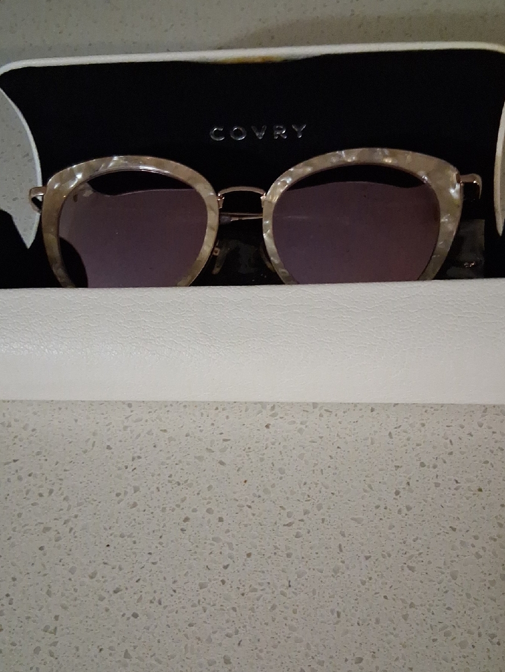 Pearl-Patterned Beige Sunglasses with Purple Lenses